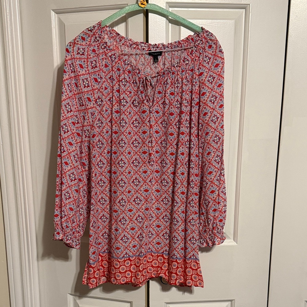 Talbots Red and White Geometric Blouse